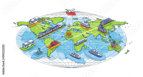 World Map Illustration with Global Transportation and Infrastructure.