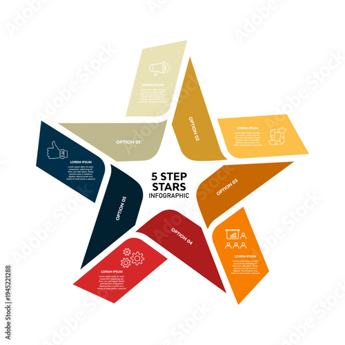 Infographic star chart template with 5 steps and options. Modern, simple star infographic with 5 options for business presentations or visual communication. 5 parts. Vector editable eps.