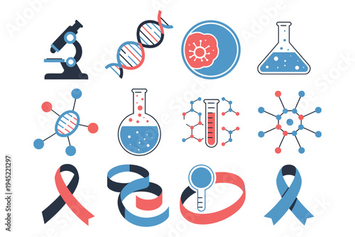 Set of laboratory and medical science icons representing biology genetics and disease research concepts