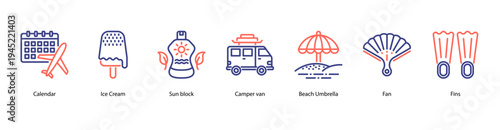 Holiday Planner web banner icon vector illustration featuring Calendar, Ice Cream, Sun Block, Camper Van, Beach Umbrella, Fan, and Fins for a complete summer trip.