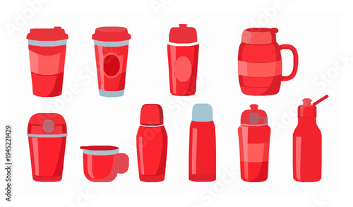 Red insulated bottle and tumbler cartoon vector collection isolated on white background