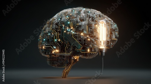 This artwork shows a brain made of technology with a light bulb connected, symbolizing the link between mind and ideas in a digital age