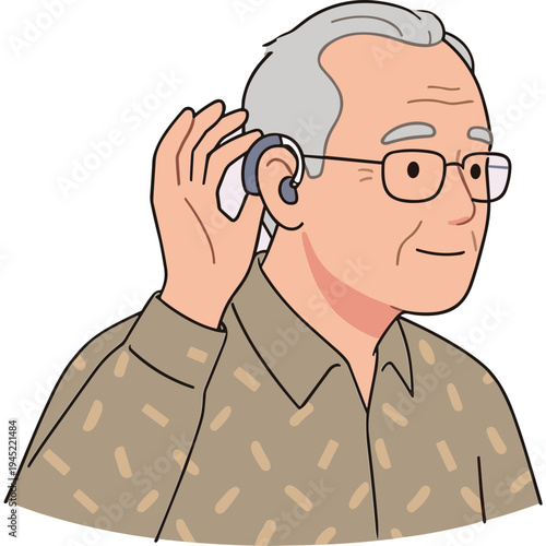 An older man wearing glasses and adjusting a hearing aid.