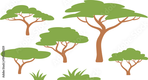Flat style green forest trees collection, stylized leafy canopy plants, nature landscape elements, eco environment vector illustration set