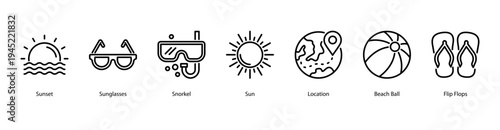 Summer Vacation web banner icon vector illustration featuring Sunset, Sunglasses, Snorkel, Sun, Location, Beach Ball, and Flip Flops for a perfect holiday vibe.