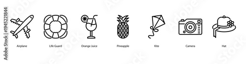 Tropical Adventure web banner icon vector illustration featuring Airplane, Life Guard, Orange Juice, Pineapple, Kite, Camera, and Hat for a vibrant summer holiday.