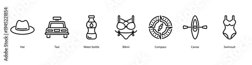 Summer Lifestyle web banner icon vector illustration featuring Hat, Taxi, Water Bottle, Bikini, Compass, Canoe, and Swimsuit for tropical beach adventures.