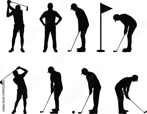 Golf player silhouettes in dynamic action poses, sports illustration showing swing putting stance, athletic artws, sports illustration 