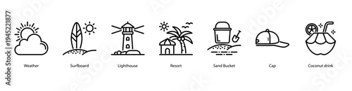 Coastal Paradise web banner icon vector illustration featuring Weather, Surfboard, Lighthouse, Resort, Sand Bucket, Cap, and Coconut Drink for beach and ocean fun.