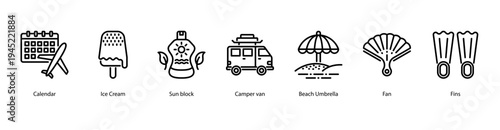 Holiday Planner web banner icon vector illustration featuring Calendar, Ice Cream, Sun Block, Camper Van, Beach Umbrella, Fan, and Fins for a complete summer trip.