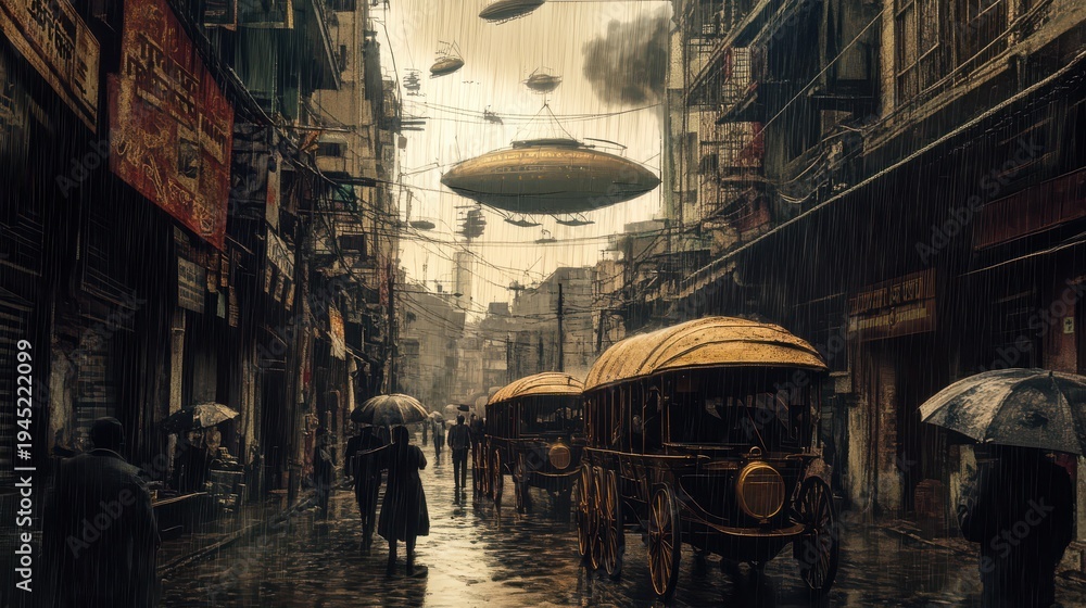 Obraz premium City street scene with vintage vehicles and flying objects during rain in an urban area at dusk