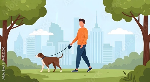 Man walking brown and white dog in city park with skyscrapers in background