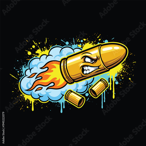 Aggressive golden bullet flying through colorful smoke on a black background vector illustration.