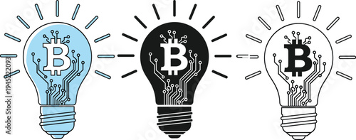 Set of bitcoin cryptocurrency light bulb icons representing fintech ideas and blockchain innovation in a cad drawing flat vector illustration