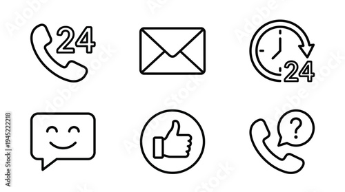 Vector graphic illustration of customer support icons including phone, email, clock, chat, thumbs up, and question mark symbols for 24 hour service and communication