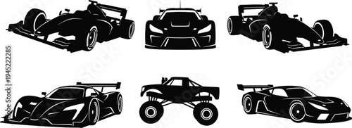 Set of black silhouette racing car icons including formula one speedsters monster truck sports coupes and modern supercars for graphic design