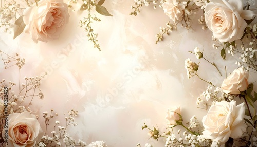 Soft focus image of roses and baby's breath, with dreamy light and pastel hues