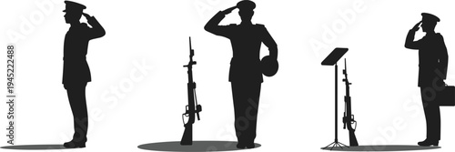Military soldier salute silhouette set, army officer honoring ceremony with rifle and uniform, patriotic defense service vector illustration