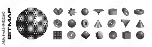 Bitmap pixelated abstract geometric 3d shapes set. Retro futuristic y2k trendy minimalist raster effect. Pixel art 8 bit collection. Dither Halftone flower, heart, sphere, star, donut cylinder pyramid