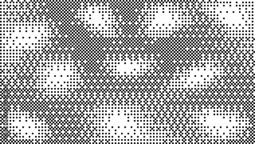 Black and White abstract glitchy 8 bit video game backdrop. Squared pixel texture. Vector comic bitmap screen tone overlay background. Retro gradient pixelated effect.