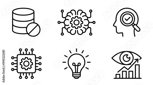 Business innovation and technology vector graphic illustration with database, brain, and light bulb symbols
