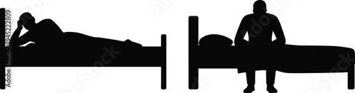 Silhouettes of people on beds, resting and sitting postures, stylized bedroom illustration, lifestyle relaxation contrast, interior decor concept design