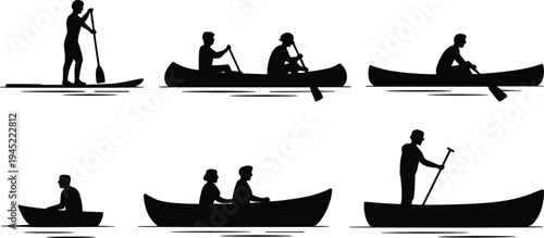 Silhouettes of people paddling boats, canoe kayak rowboat paddleboard, aquatic recreation illustration, water sport activity design, nautical lifestyle concept