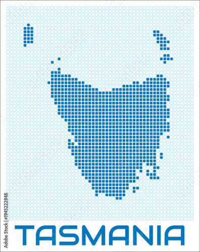 Tasmania digital style map with blue rounded rectangle dots. Australia. Dotted shape of the island. Tasmania blue colored map and title on white background. Elegant Vector Illustration.