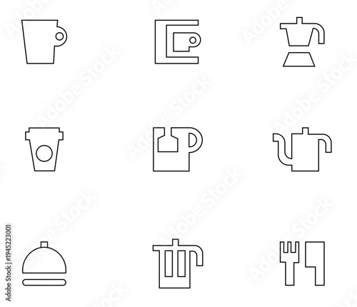 Coffee and Kitchenware Line Icon Set including Coffee Mug, Espresso Machine, Moka Pot, Paper To-Go Cup, Tea Bag, Kettle, Cloche Bell, French Press, and Cutlery with Editable Stroke