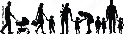 Set of family silhouettes, parents with children, walking with baby stroller, cad drawing flat vector illustration, isolated on white background