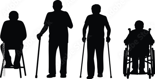 Silhouettes of people with mobility aids, wheelchair cane support illustration, disability accessibility artwork, healthcare lifestyle scene for inclusive design