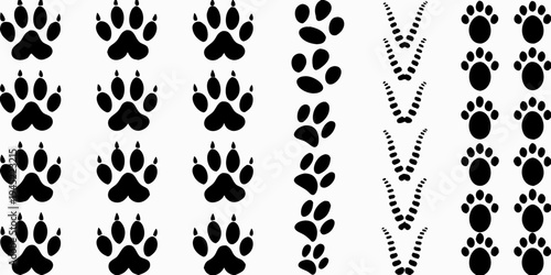 Black and white illustration of various animal paw prints and tracks
