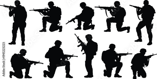 Soldier silhouette set with rifles, military combat poses collection, army tactical soldiers aiming shooting kneeling standing vector illustration