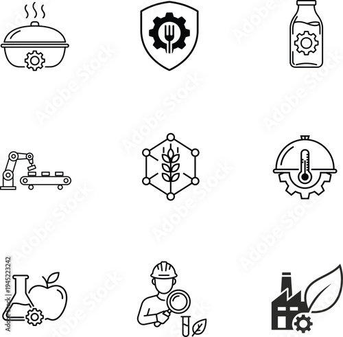 Food Engineering Line Icons Set – Food Processing, Quality Control, and Industrial Food Production Vector Icons