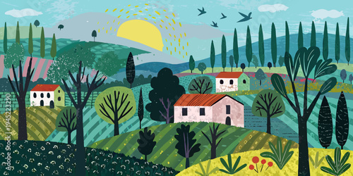 Stylized landscape featuring houses trees and a bright yellow sun