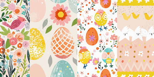 Colorful easter pattern with birds eggs and floral springtime designs