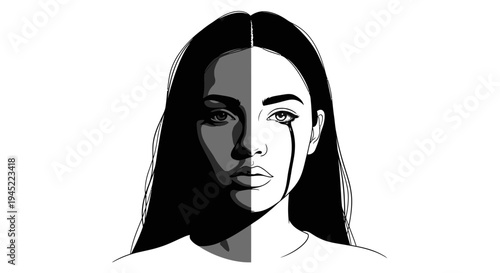Sad Woman Face Split Light Shadow, Tears Flowing, Emotional Distress, Mental Health Concept