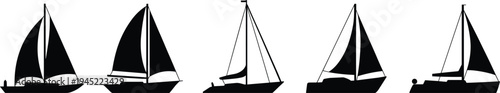 Stylized sailboat silhouette collection, nautical vessel variations, sailing ship designs, maritime illustration, ocean travel icons, recreational boating graphic art concept