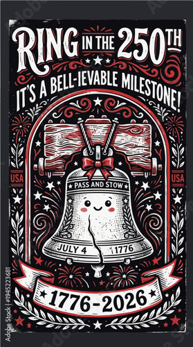 Patriotic America 250th Anniversary Poster with Cute Liberty Bell - Ring in the 250th Bell-ievable Milestone 1776-2026 Vintage Illustration