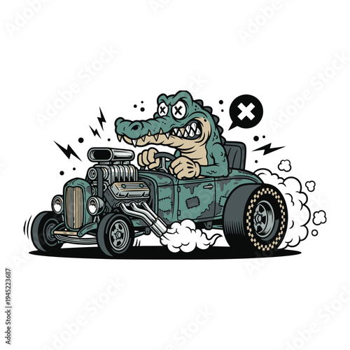 Mean crocodile driving a powerful custom hotrod car with smoking tires in a vector illustration.