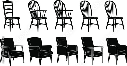 Silhouette chairs collection, dining wooden chairs, upholstered armchairs illustration, furniture design variety, interior decoration concept, seating comparison depiction