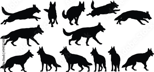 German Shepherd Dog Silhouette Collection Featuring Various Poses Running Jumping Standing and Walking Flavector Illustration Set for Professional Graphic Design