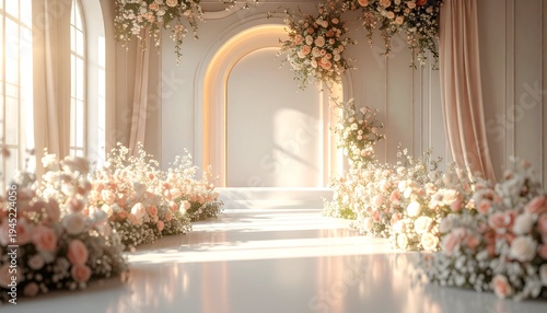 Elegant wedding ceremony setup with floral arrangements, arched backdrop, and soft lighting