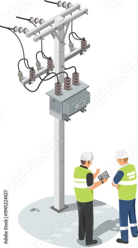 Technicians inspecting electrical transformer on power pole, vector illustration, lectricians checking distribution transformer in isometric flat design