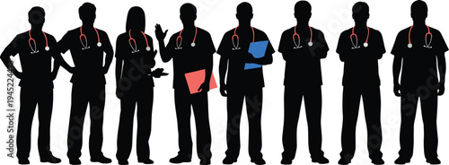 Silhouette medical professionals with stethoscopes, healthcare teamwork illustration, occupational safety concept, hospital staff collaboration
