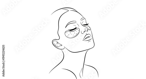 Minimalist line art of a woman with eye patches, skincare, beauty, self-care, elegant, clean, modern