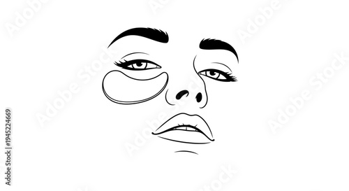 Minimalist Line Art of Woman's Face with Under Eye Patches, Beauty and Skincare Concept