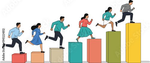 Silhouette people climbing colorful blocks, career progression illustration, personal growth concept, success achievement, motivational teamwork, professional development depiction