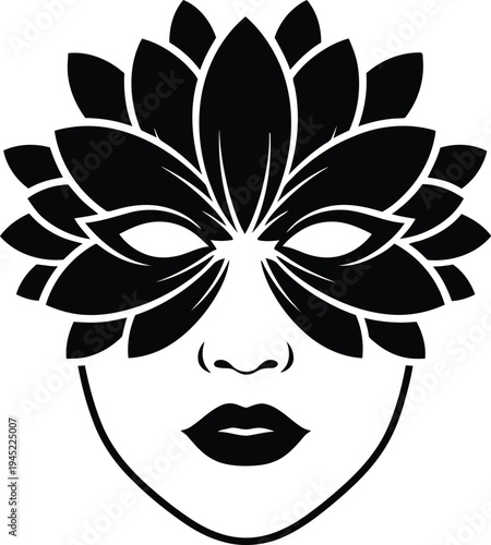 A mysterious woman wearing a beautiful flower mask with Vector design covering her eyes and lips on a white background for artistic and creative purposes.