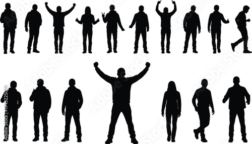 Silhouette people in various poses, standing, walking, gesturing, expressive body language illustration, casual stances, victory celebration, posture depiction
